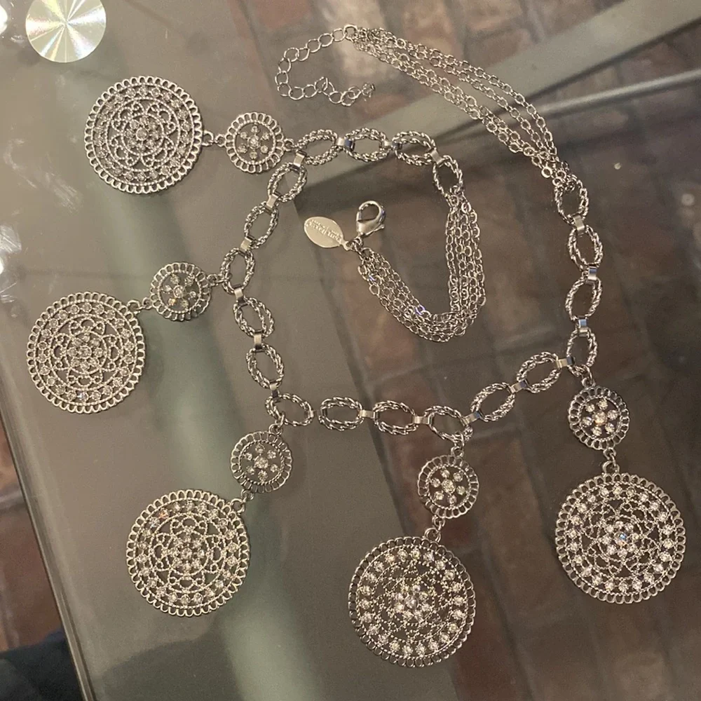 WHBM - silver tone bib necklace w 5 large & small rhinestone discs, multi chains - Picture 9 of 16